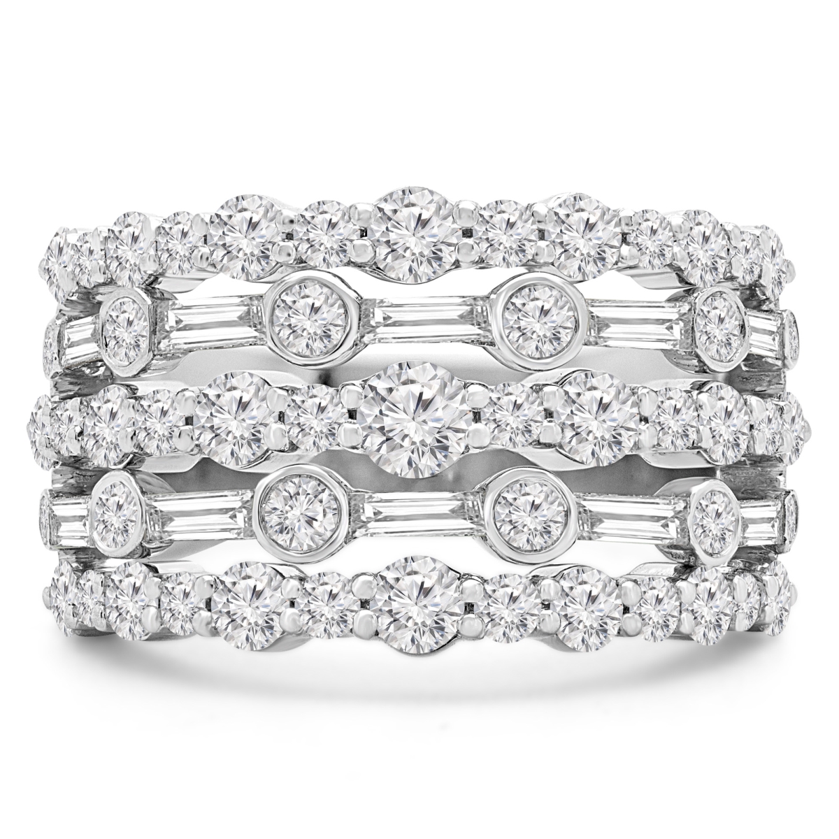 2.125 Ctw Round Diamond Vintage Five-row Cocktail Ring In 18k White Gold - Size 3.5