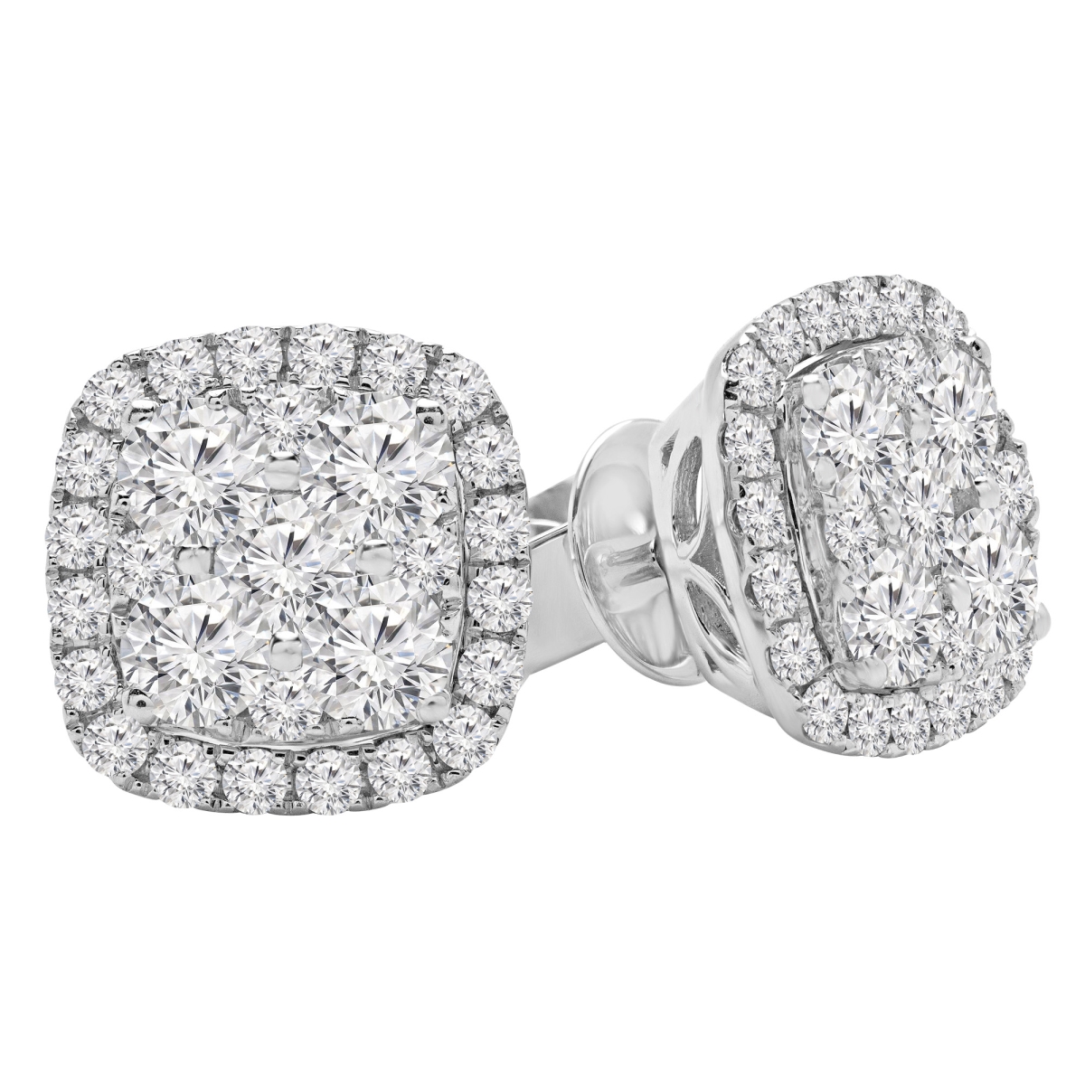 2.05 Ctw Round Diamond Cushion Halo Cluster Stud Earrings In 18k White Gold