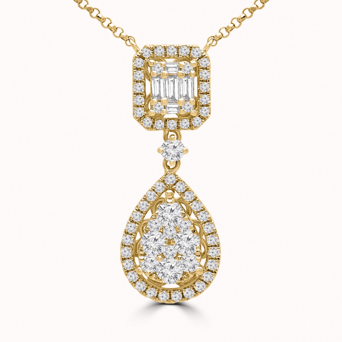 0.875 Ctw Baguette Diamond Double Cluster Halo Necklace In 18k Yellow Gold