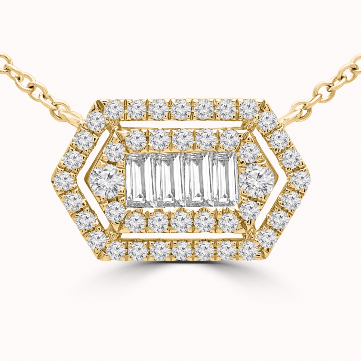 Md190298 0.67 Ctw Baguette Diamond Cluster Double Halo Necklace In 18k Yellow Gold
