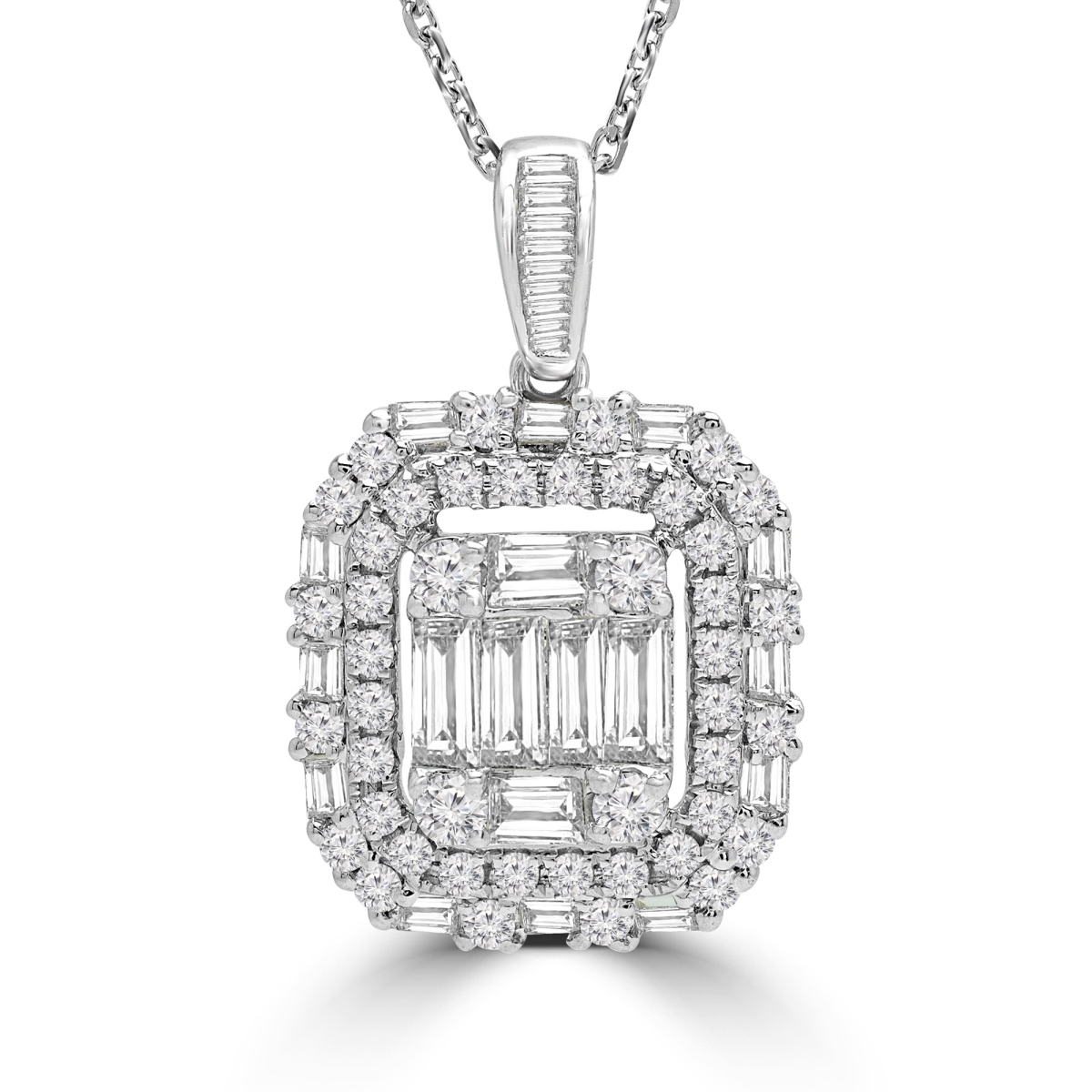 1.4 Ctw Baguette Diamond Cluster Double Cushion Halo Pendant Necklace In 18k White Gold