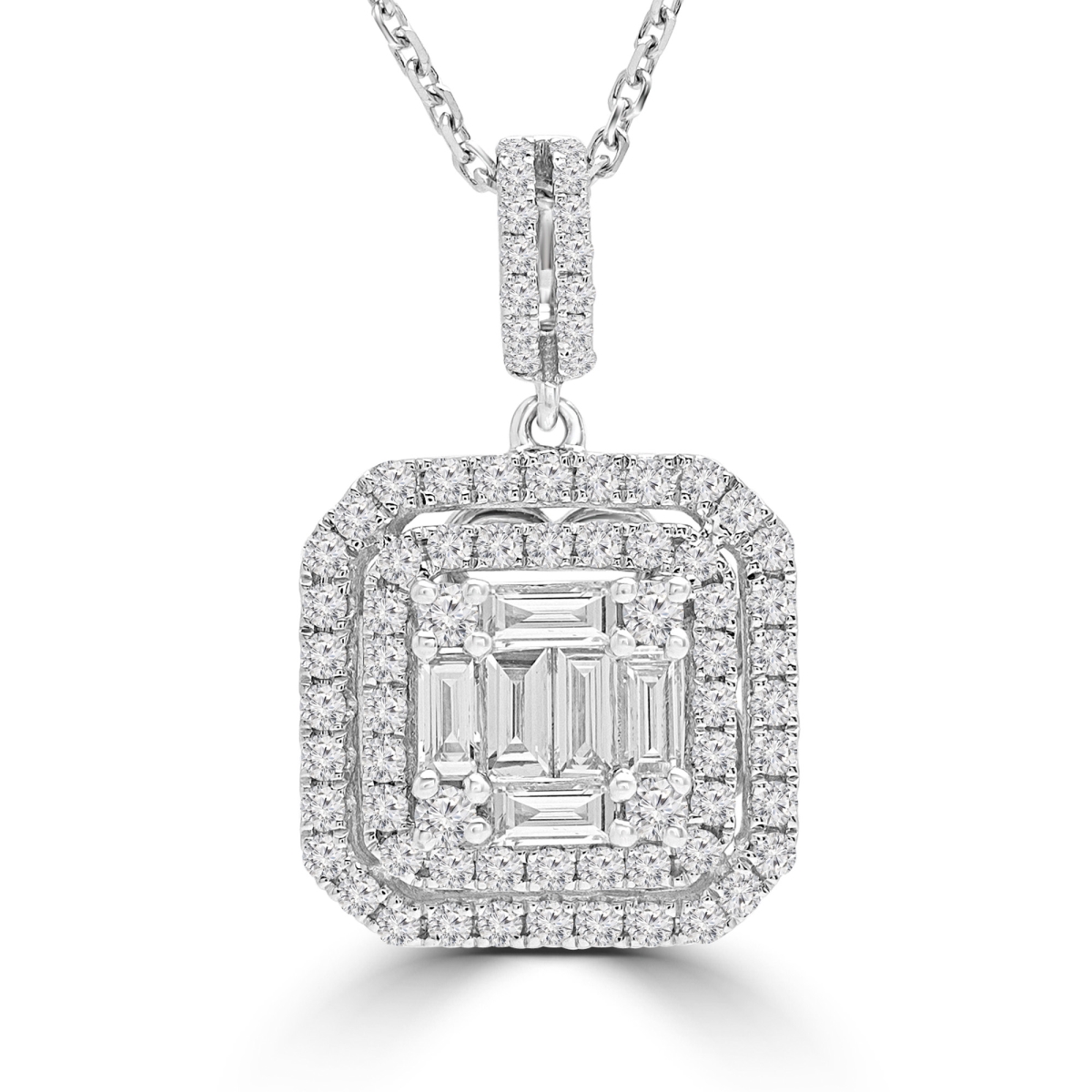 0.9 Ctw Baguette Diamond Cluster Double Cushion Halo Pendant Necklace In 18k White Gold