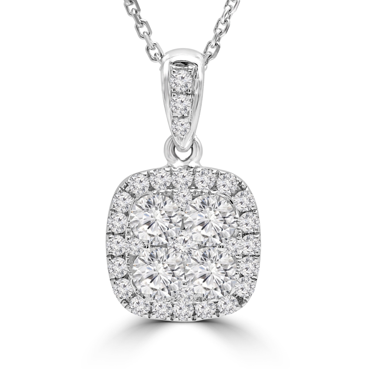 1.1 Ctw Round Diamond Cluster Cushion Halo Pendant Necklace In 18k White Gold