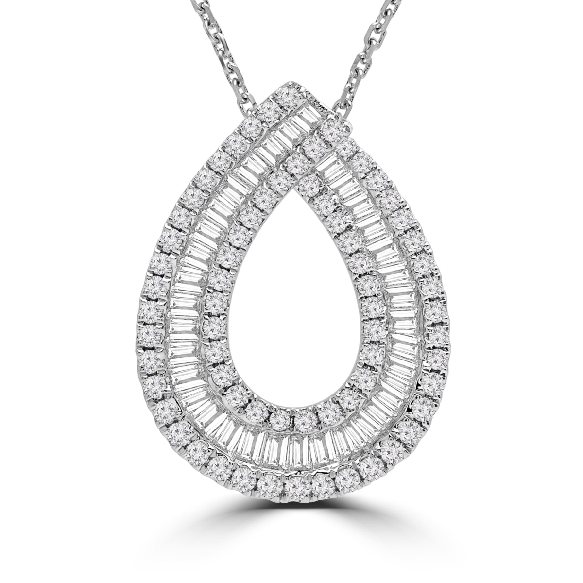 Md190307 1.14 Ctw Baguette Diamond Three-row Fancy Pendant Necklace In 18k White Gold