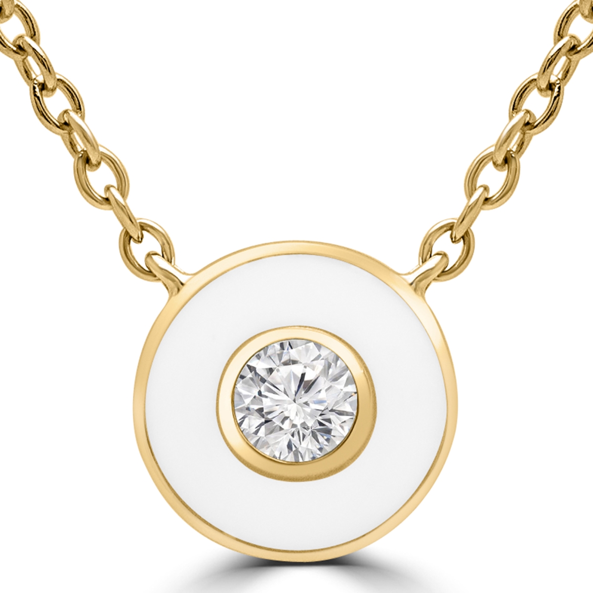 0.1 Ct Round Diamond Bezel Set White Enameled Necklace In 14k Yellow Gold