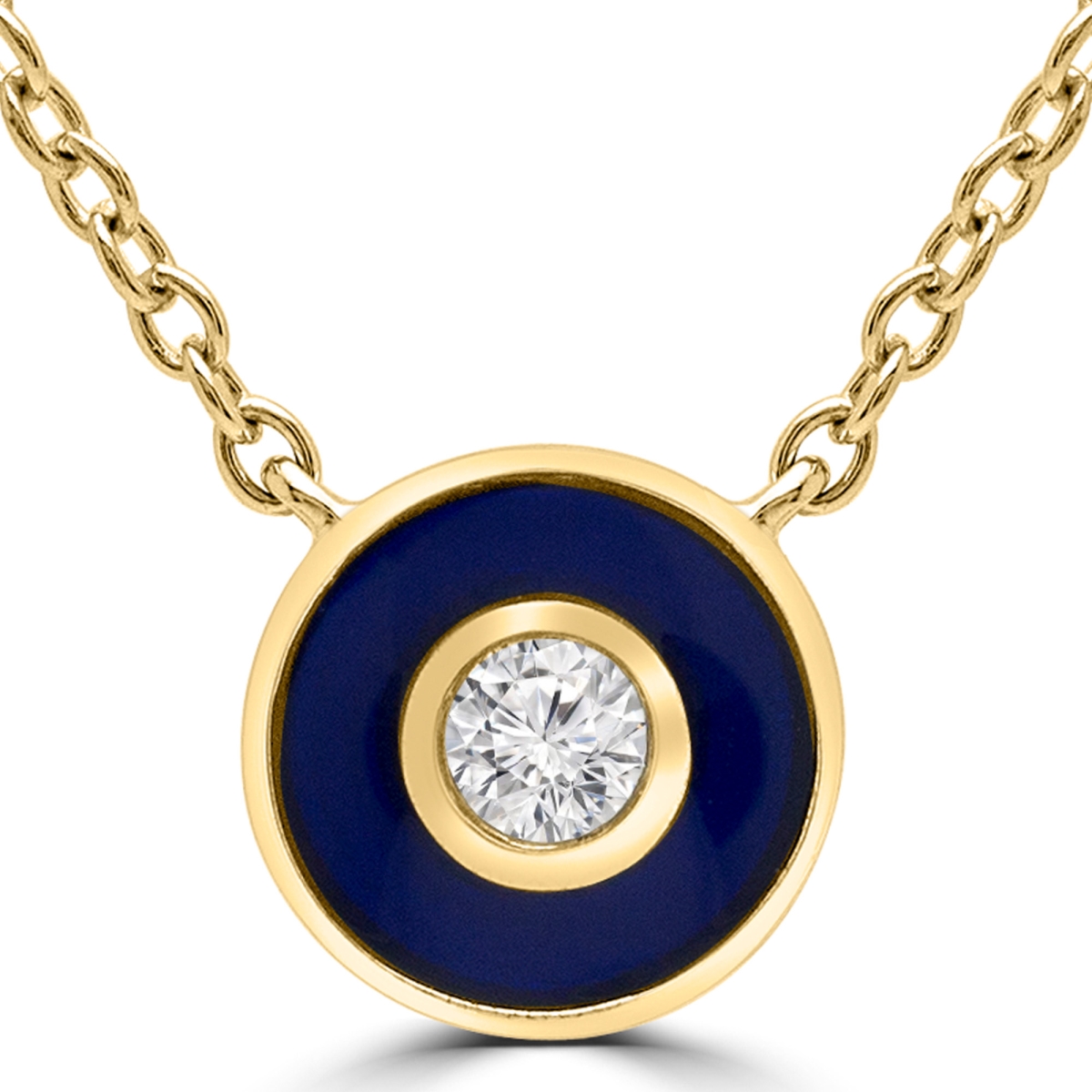 0.1 Ct Round Diamond Bezel Set Blue Enameled Necklace In 14k Yellow Gold