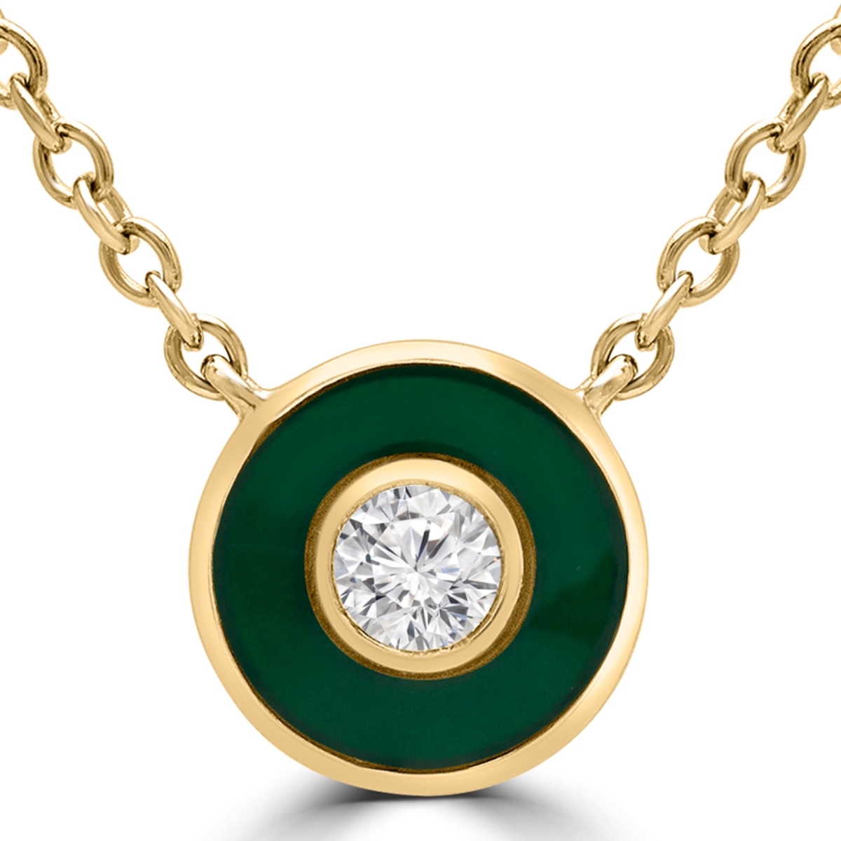 0.1 Ct Round Diamond Bezel Set Green Enameled Necklace In 14k Yellow Gold