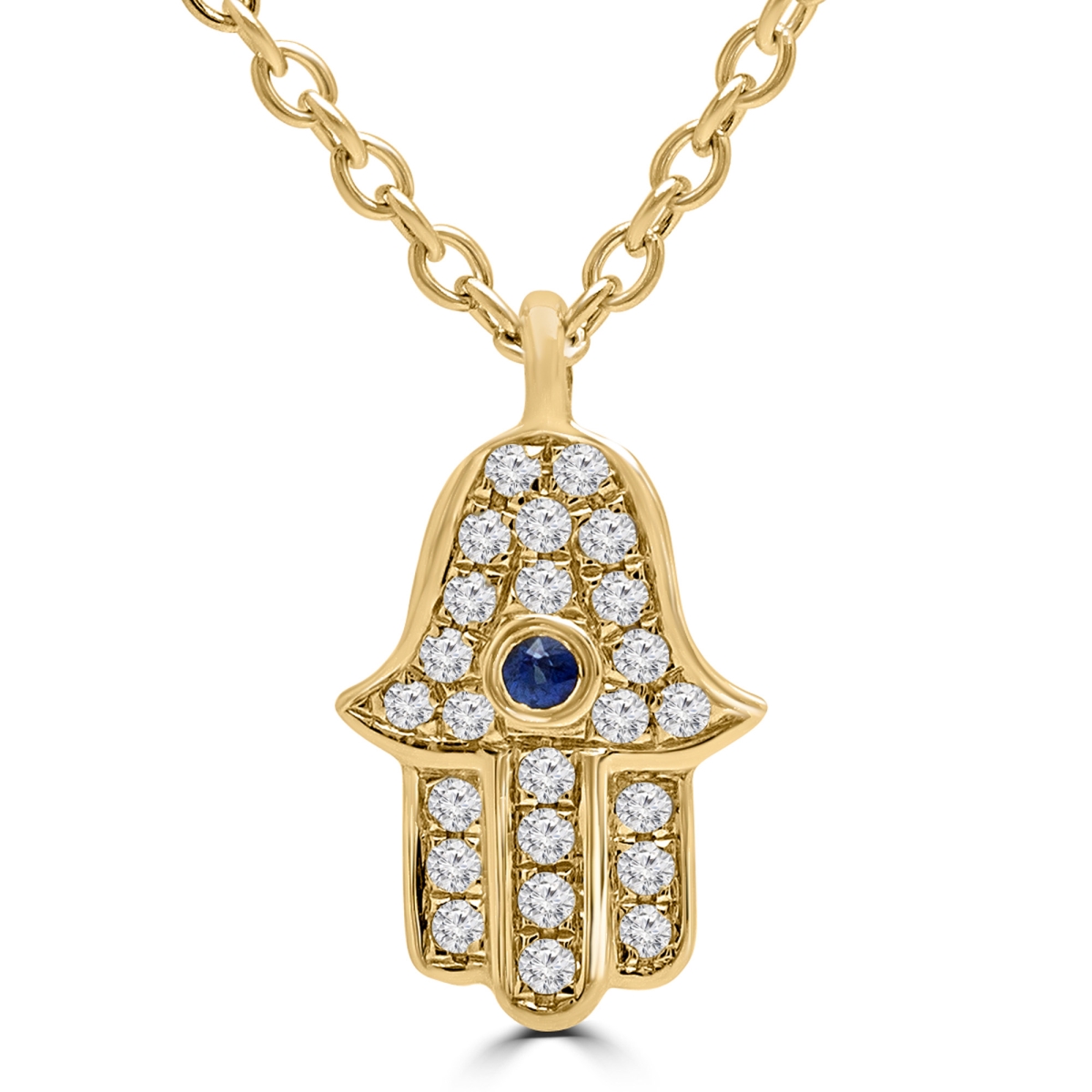 0.1 Ctw Round Blue Sapphire Hamsa Fancy Pendant Necklace In 14k Yellow Gold