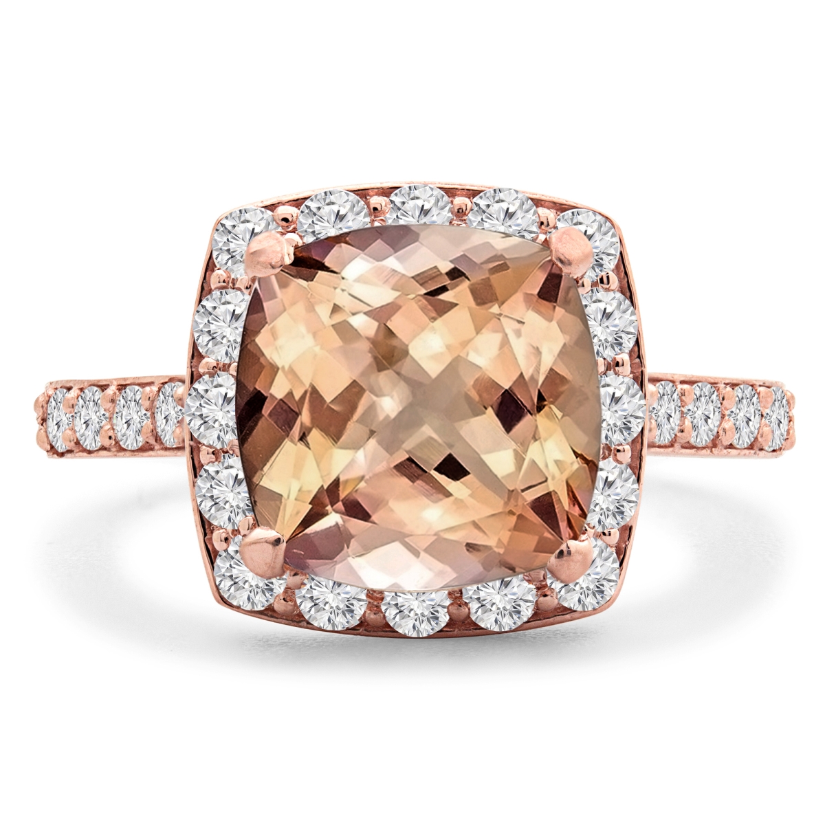 MD190569-3 3.67 CTW Cushion Pink Morganite Cushion Halo Engagement Ring in 14K Rose Gold - Size 3