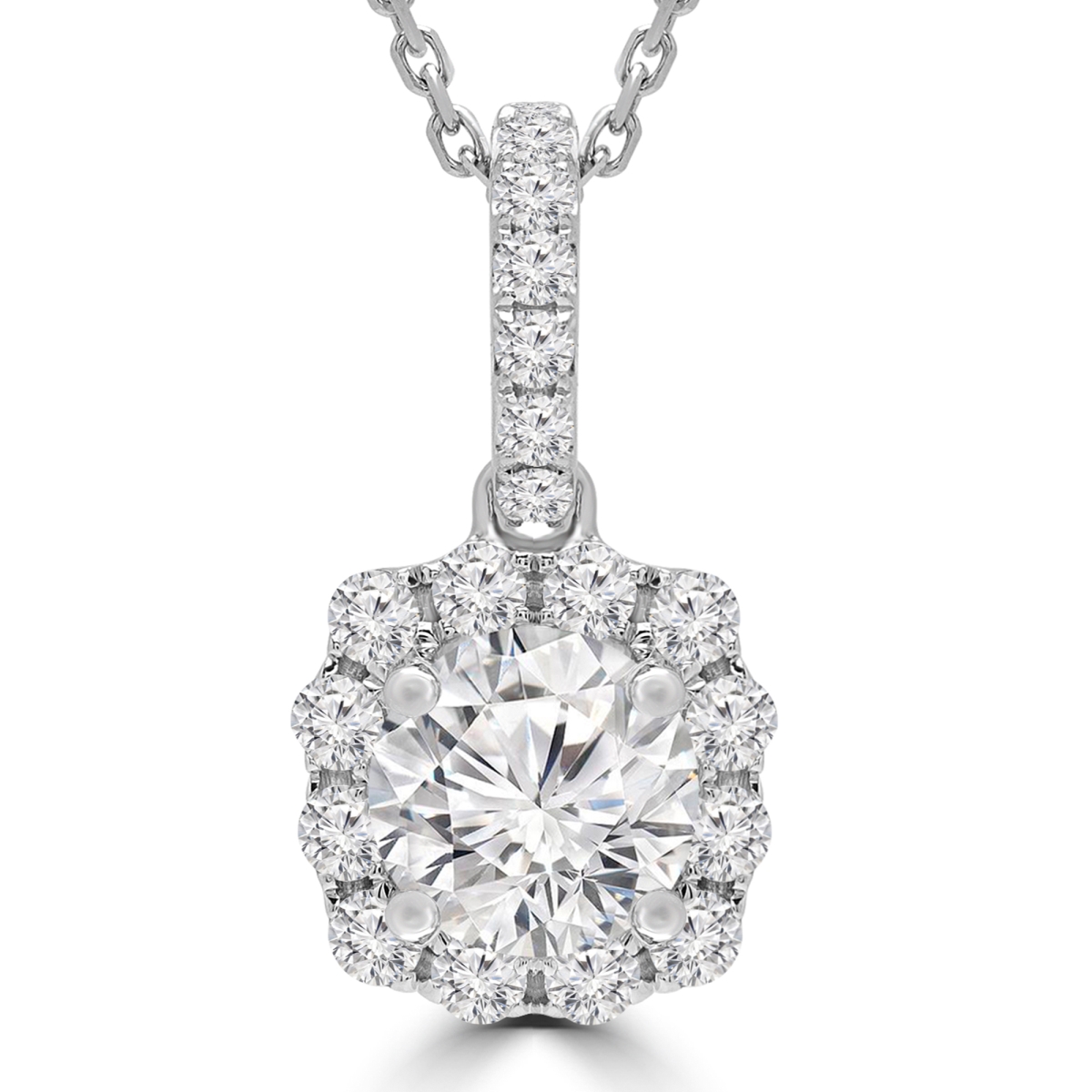 Md190518 1.17 Ctw Round Diamond Cushion Halo Pendant Necklace In 18k White Gold