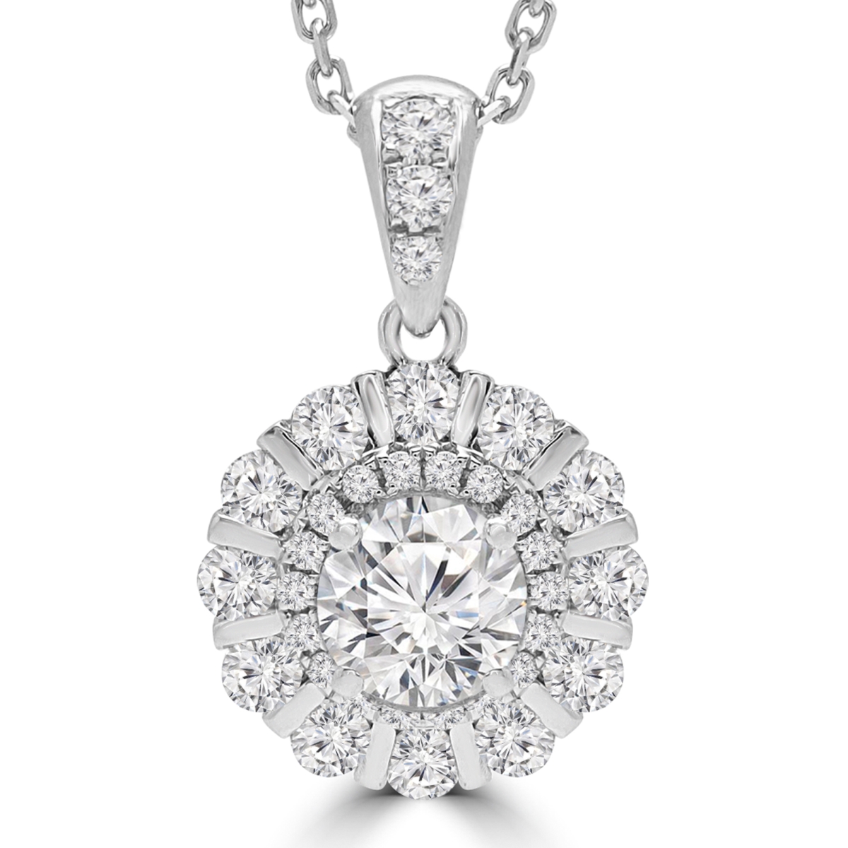 Md190519 0.9 Ctw Round Diamond Floral Halo Pendant Necklace In 18k White Gold