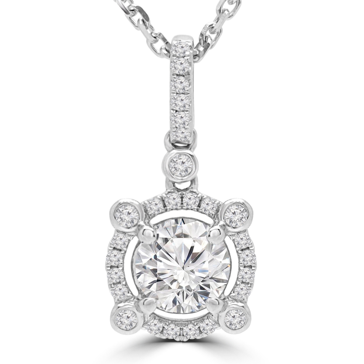 Md190520 0.5 Ctw Round Diamond Halo Pendant Necklace In 18k White Gold