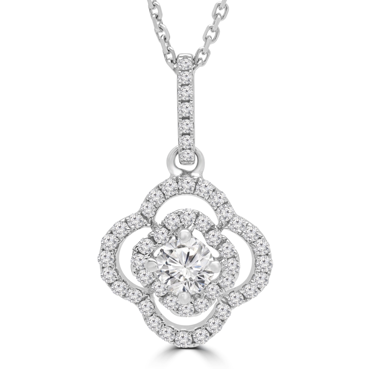 Md190525 0.63 Ctw Round Diamond Clover Halo Pendant Necklace In 18k White Gold