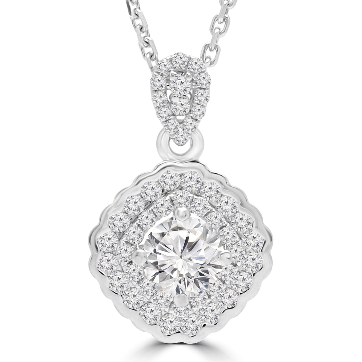 Md190527 0.67 Ctw Round Diamond Double Cushion Halo Pendant Necklace In 18k White Gold