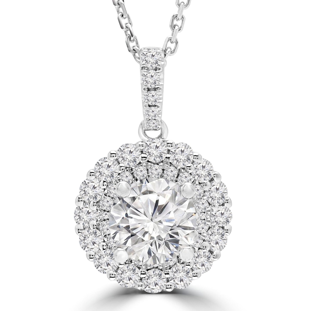 Md190529 1.5 Ctw Round Diamond Double Halo Pendant Necklace In 18k White Gold
