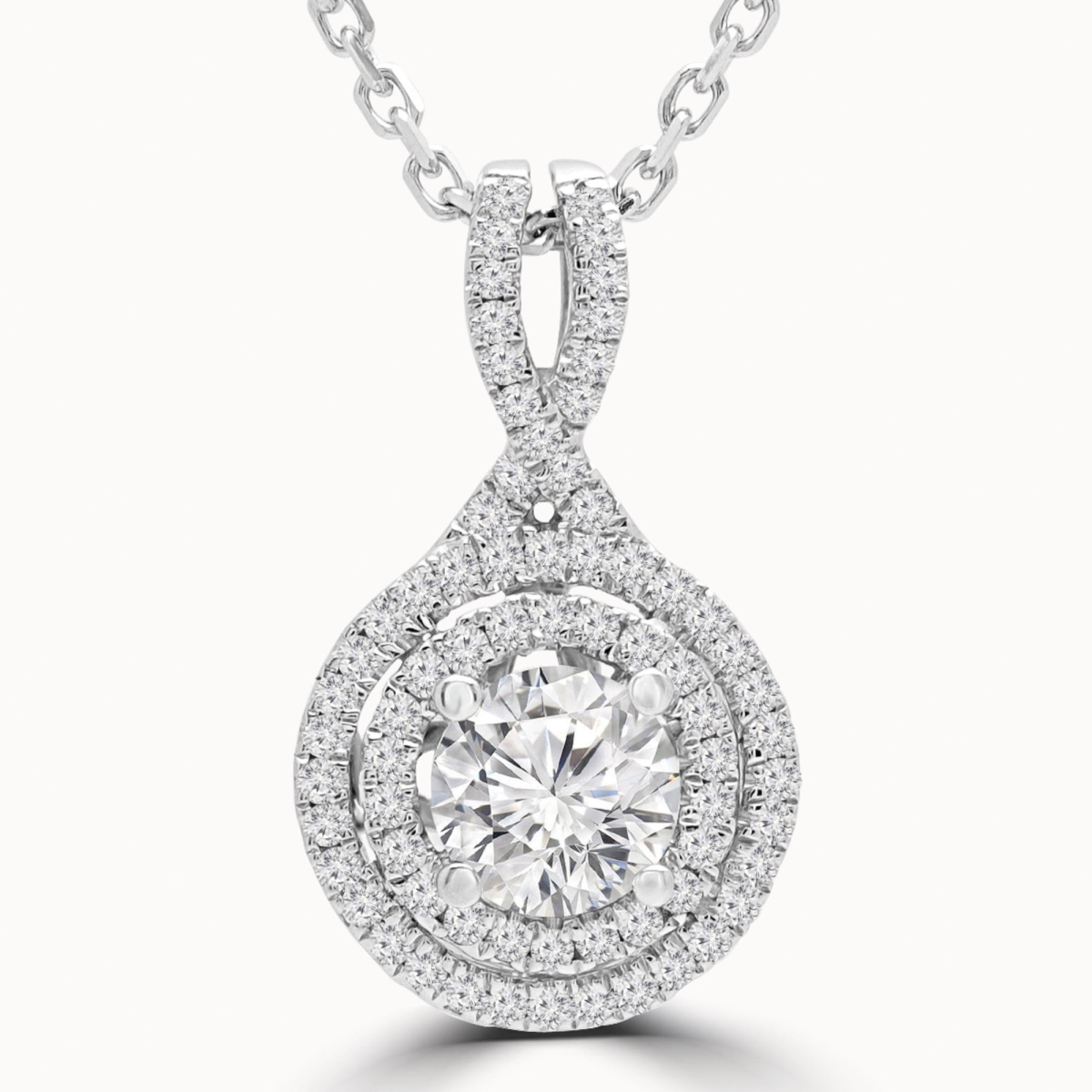 Md190530 0.6 Ctw Round Diamond Double Halo Pendant Necklace In 18k White Gold