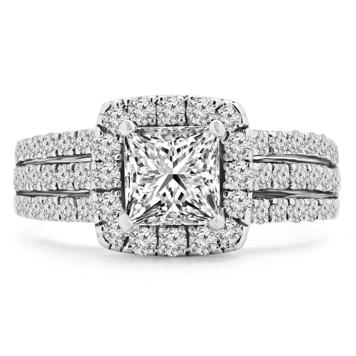 MD210354-P 1.75 CTW Princess Diamond Split-Shank Halo Engagement Ring with Accents in 14K White Gold