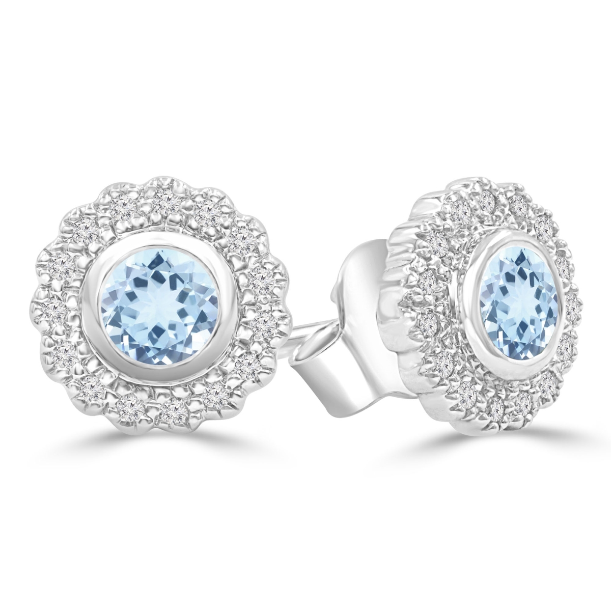 MDR220103 0.67 CTW Round Blue Topaz Floral Halo Bezel Set Stud Earrings in 14K White Gold