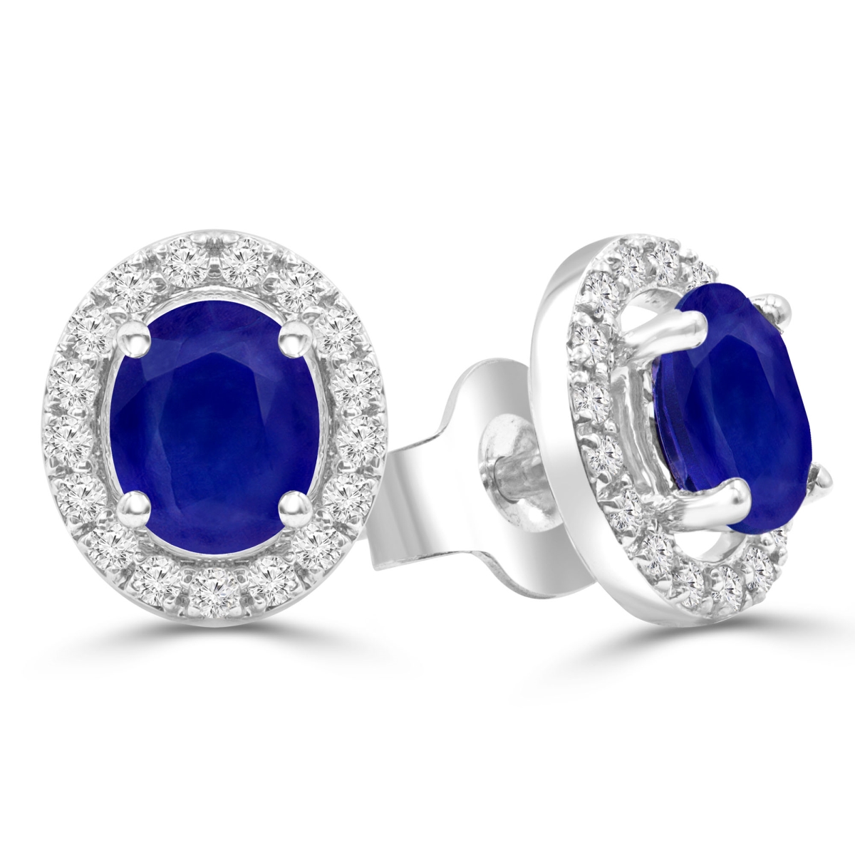 MDR220087 1.05 CTW Oval Blue Sapphire Oval Halo Stud Earrings in 14K White Gold