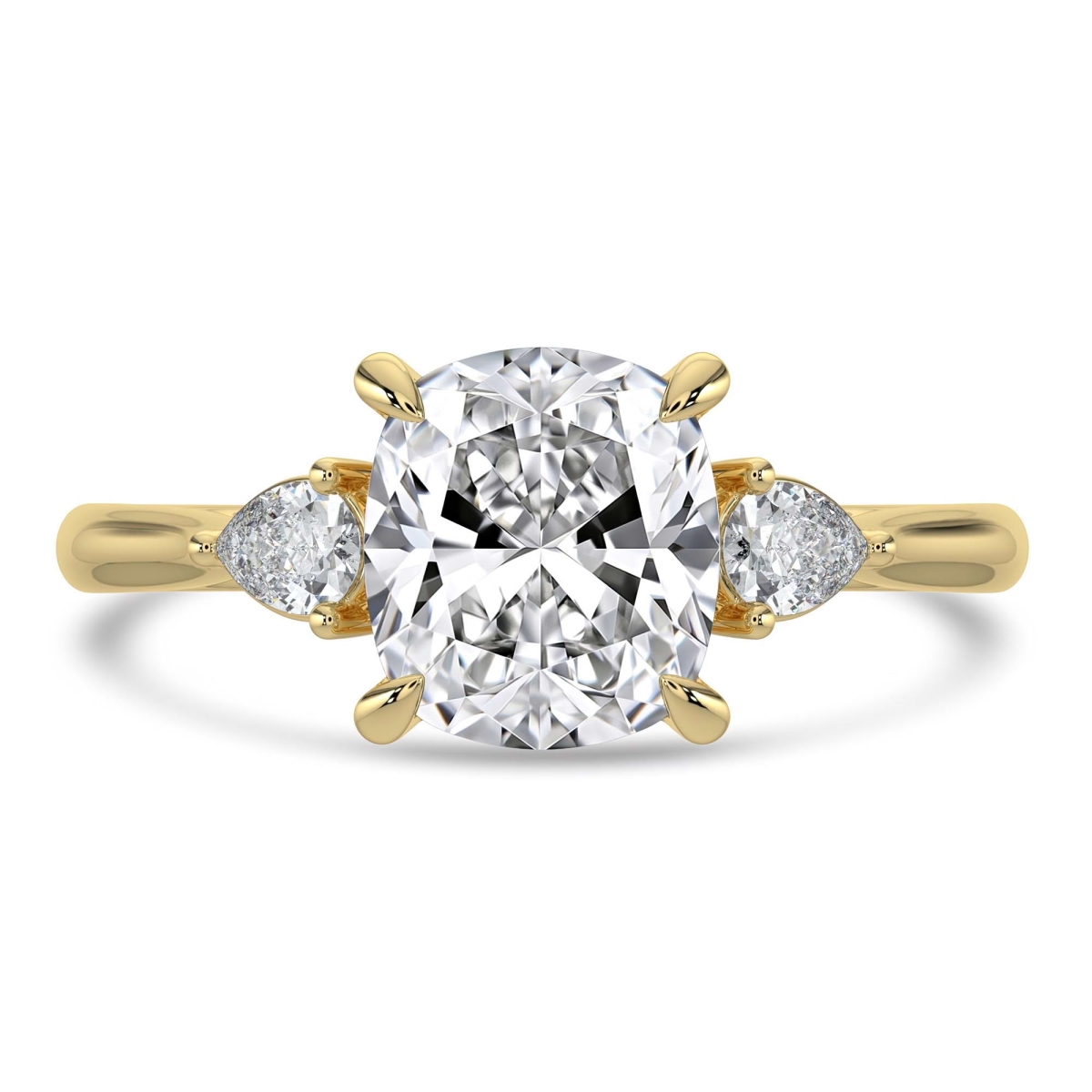 MD250174-7 2.75 CTW Cushion Lab Created Diamond Cathedral Three-Stone Engagement Ring with Pear Side Stones - 14K White Gold - Size 7
