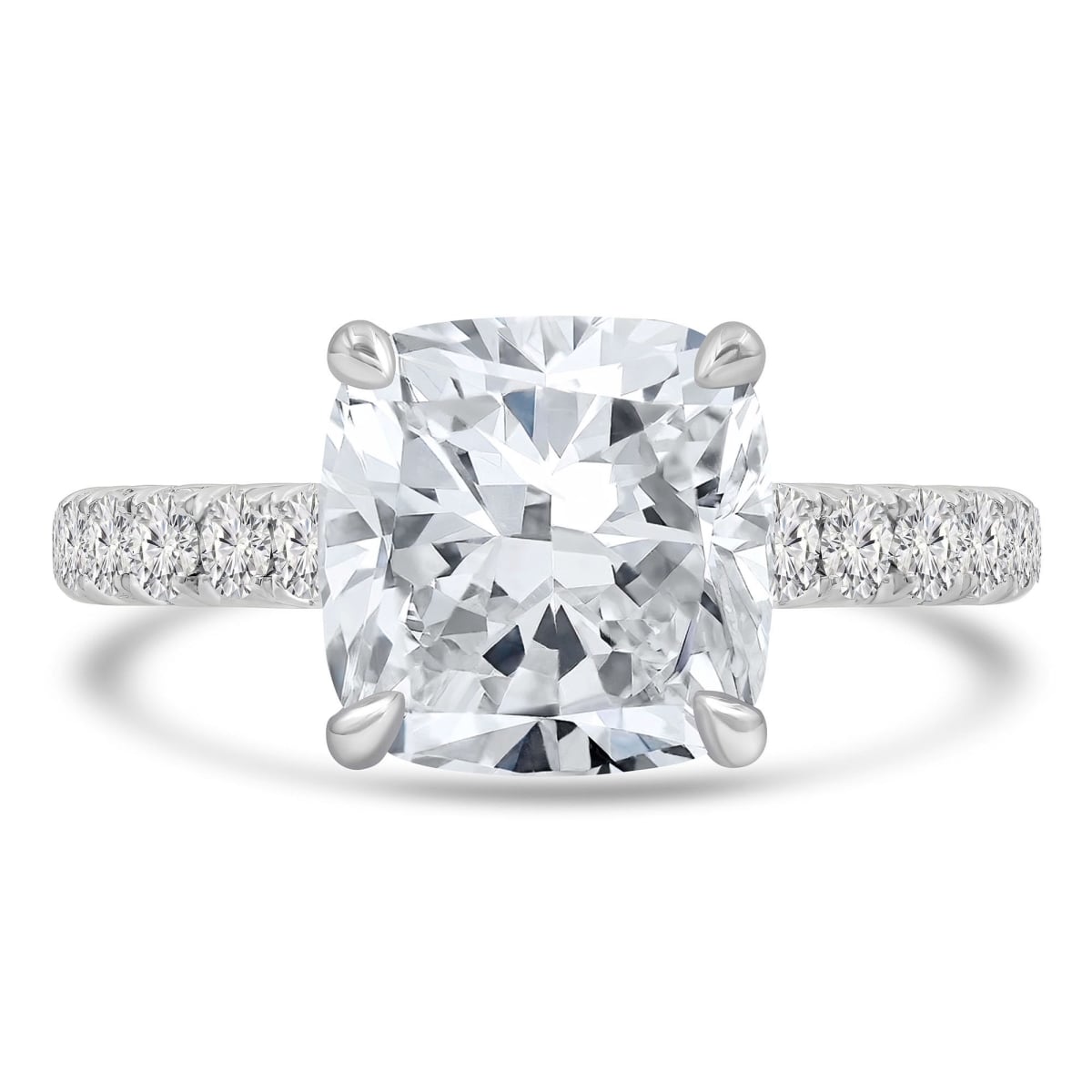 MD250192-7.5 4.5 CTW Cushion Lab Created Diamond Cathedral Hidden Halo Solitaire with Accents Engagement Ring - 18K White Gold - Size 7.5