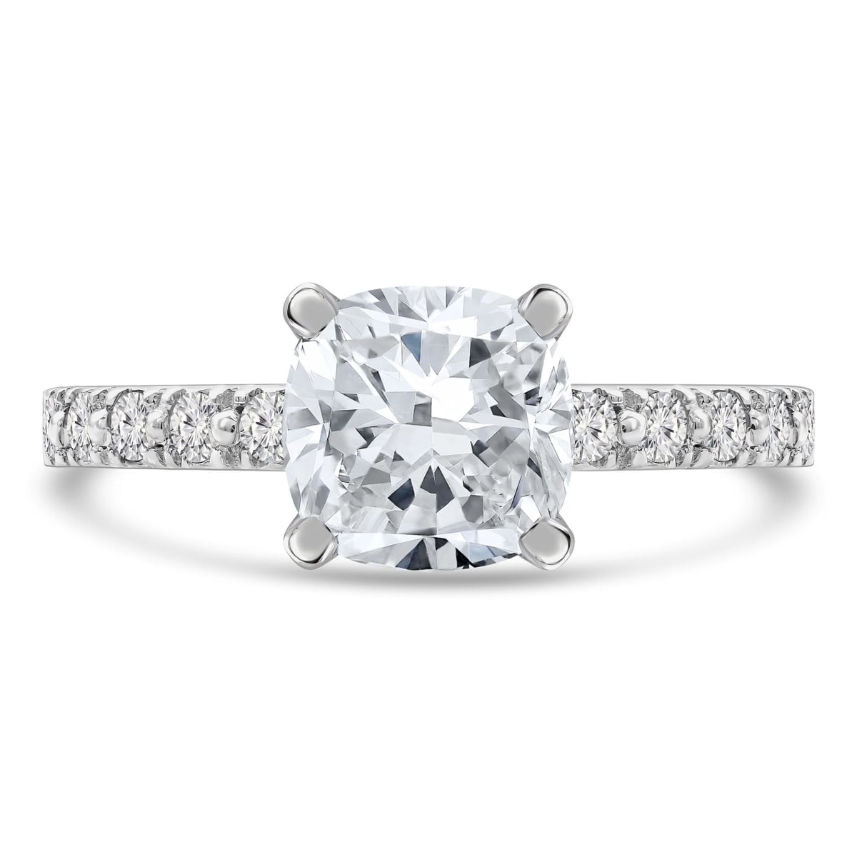 MD250232-P 1.66 CTW Cushion Diamond Solitaire with Accents Engagement Ring - 14K White Gold - Size 4 to 9