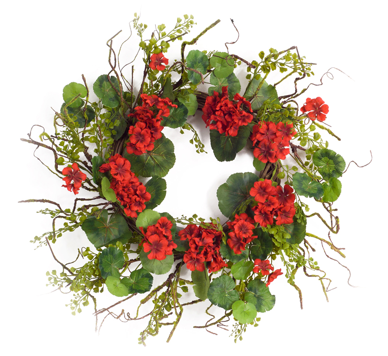 70091 20 In. Polyester & Plastic Geranium Wreath, Green & Red