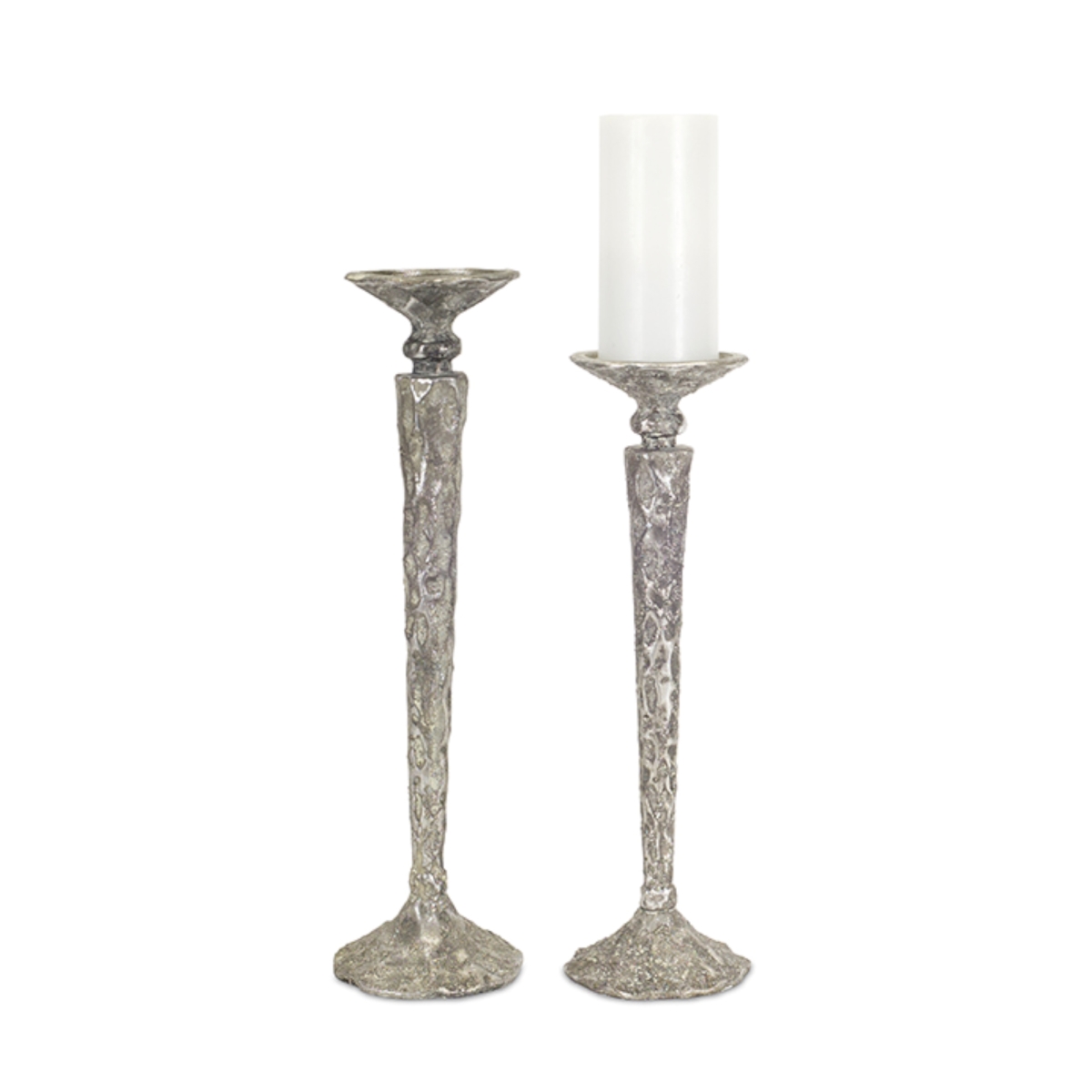 72654ds 17-19 In. Poly Stone Candle Holder, Silver & White - Set Of 2