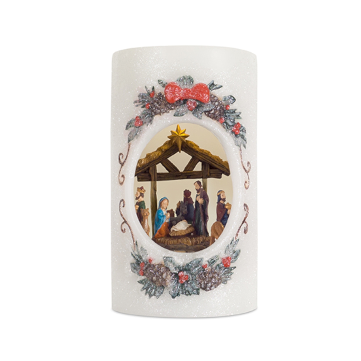 72828ds 8.5 X 4 In. Open Candle With Nativity Scene Wax - White & Green