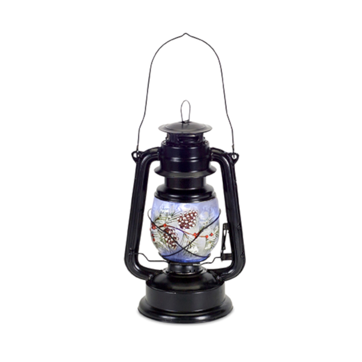 73128ds 12.25 In. Lantern With Pine Branch & Timer Glass - Black & White