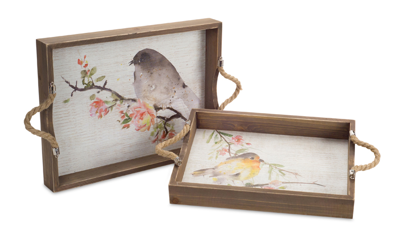 UPC 746427701594 product image for Melrose International 70159 14 & 16 in. Wood Bird Tray Brown & White - Set of 2 | upcitemdb.com