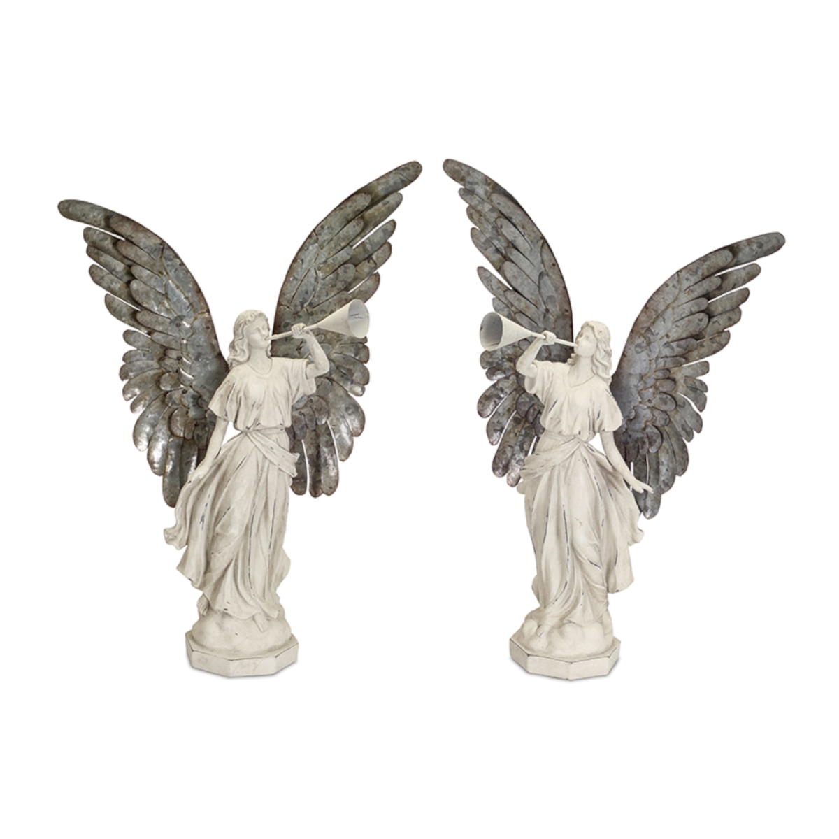 73558ds 21 X 6 In. Resin Angel With Horn, White & Tin - Set Of 2