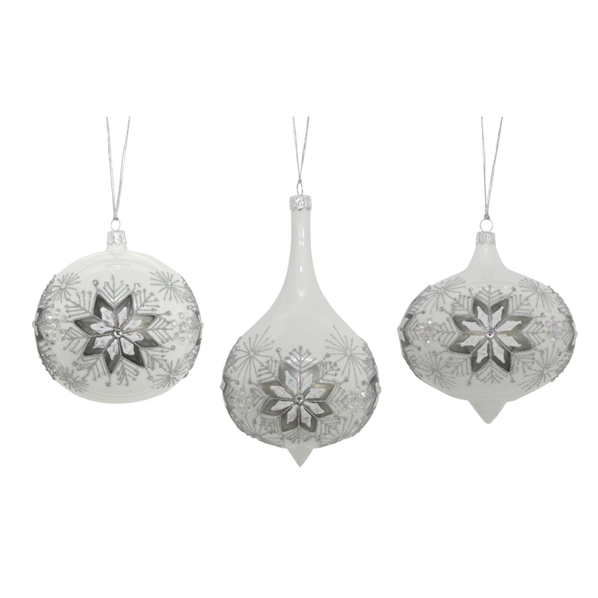 73679ds 7 X 5.5 X 7.5 In. Glass Ornament, White & Silver - Set Of 3