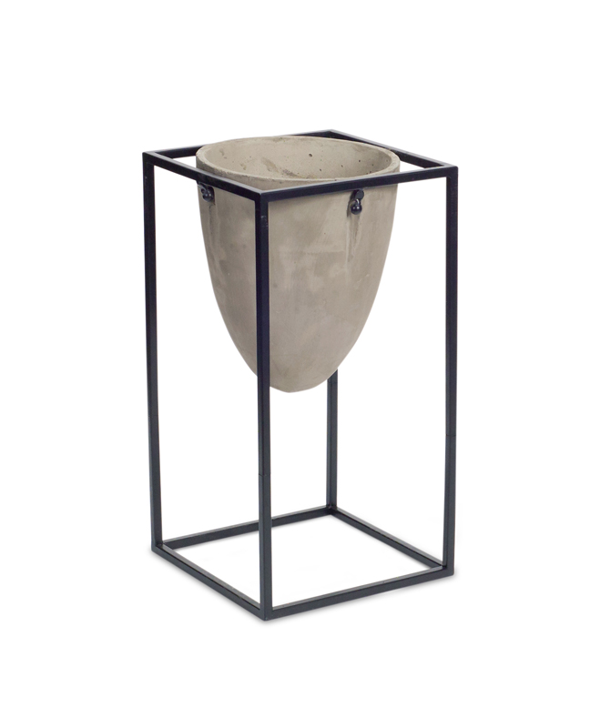 70398 17 In. Cement & Metal Oval Pot With Stand, Black & Brown