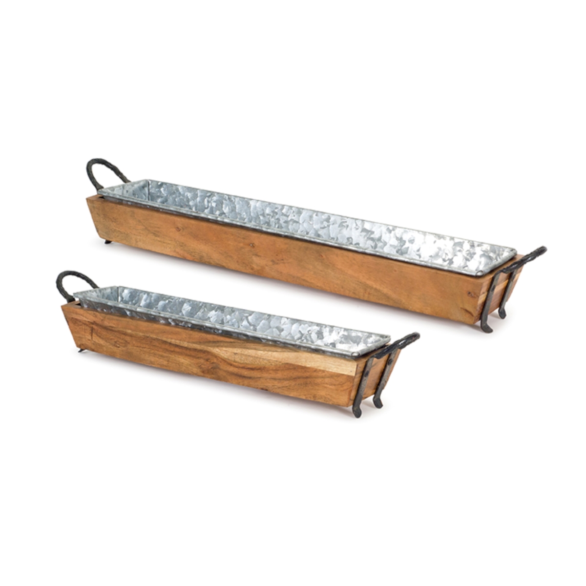 72102ds 21.5 X 4.5 In. Wood & Iron Tray, Brown & Tin - Set Of 2