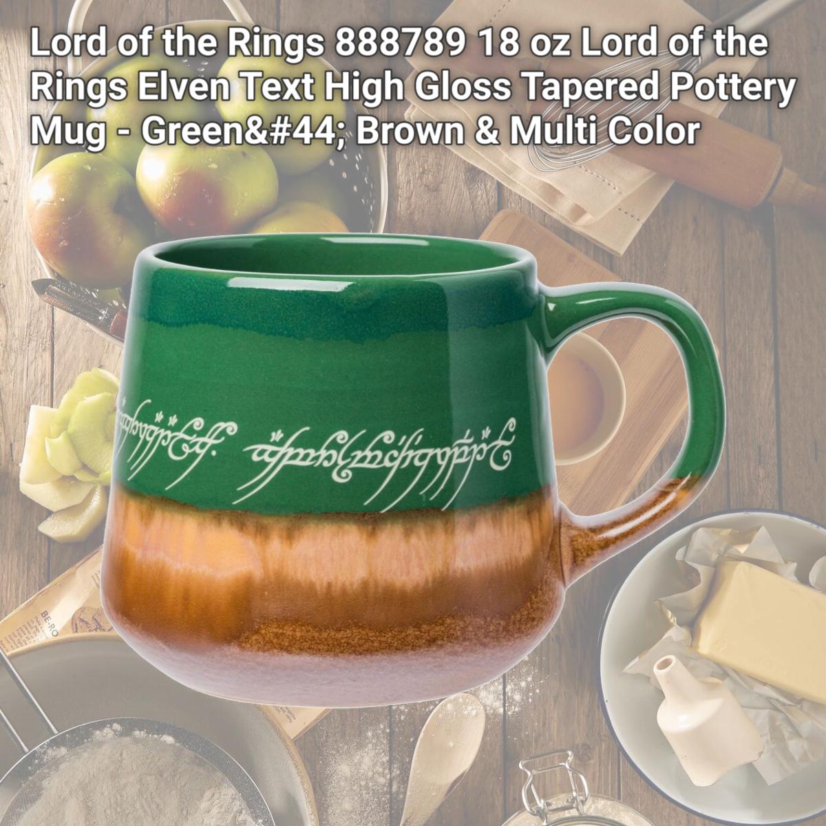 Picture of Lord of the Rings 888789 18 oz Lord of the Rings Elven Text High Gloss Tapered Pottery Mug - Green, Brown & Multi Color