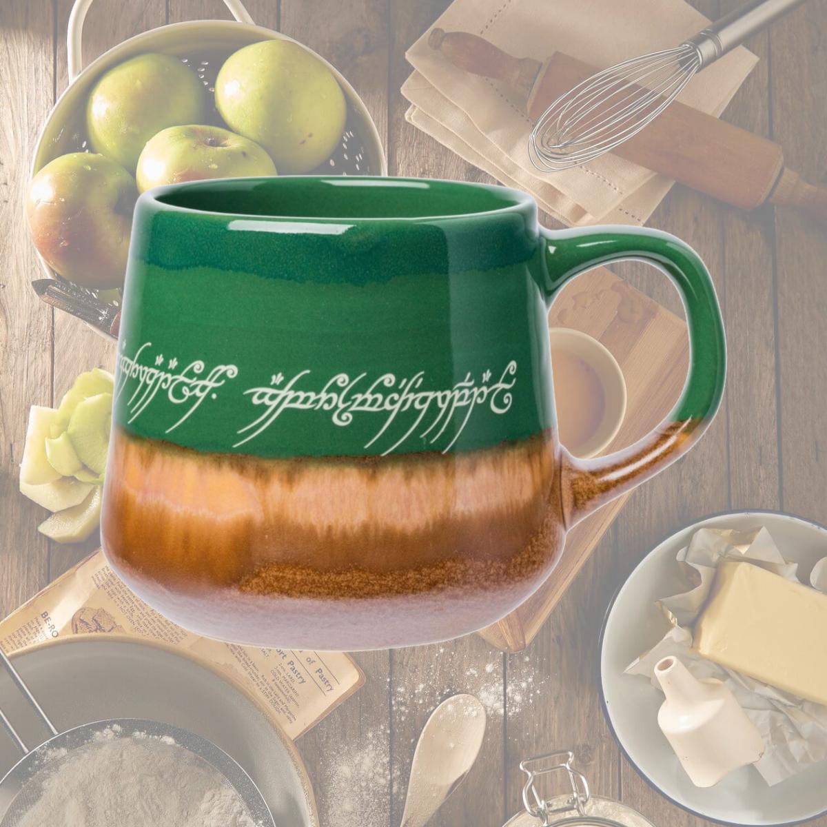Picture of Lord of the Rings 888789 18 oz Lord of the Rings Elven Text High Gloss Tapered Pottery Mug - Green, Brown & Multi Color