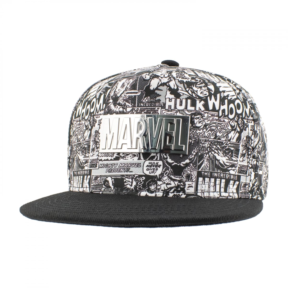910489 Metal Logo Plate Black & White Print Comic Panels Adjustable Hat