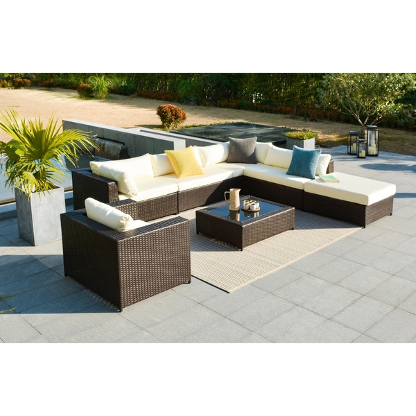 15253974 Pacifica Rattan Wicker Outdoor Conversation Sectional Sofa, Brown - Set Of 7