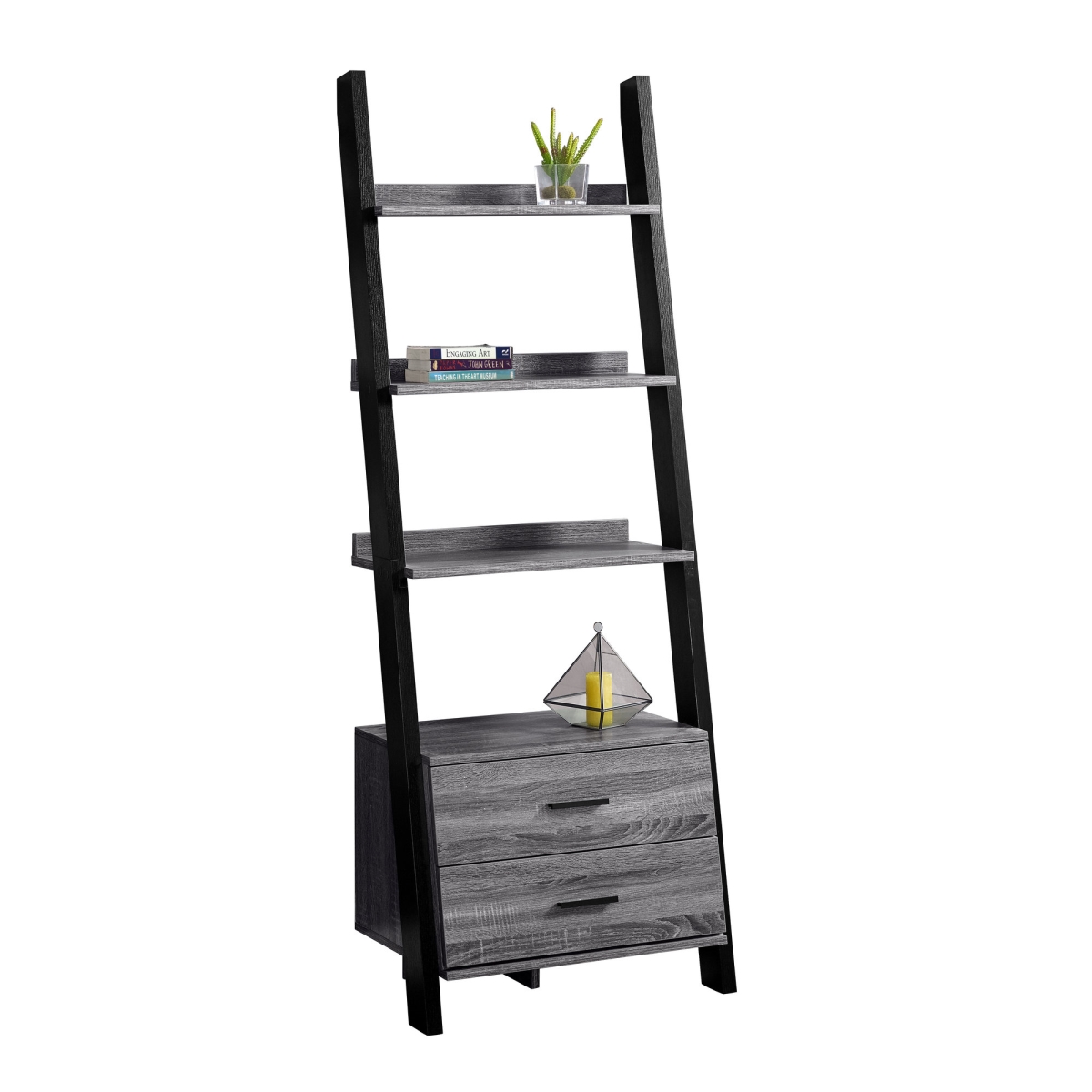 69 In. Ladder Bookcase With 2 Storage Drawers, Grey & Black