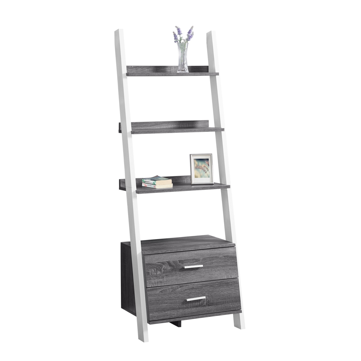 69 In. Ladder Bookcase With 2 Storage Drawers, Grey & White