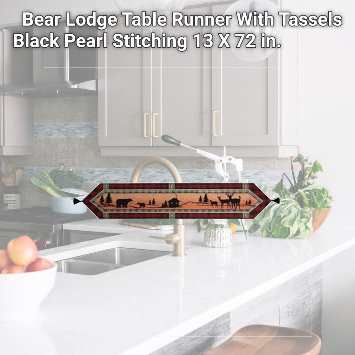 Picture of Manual Woodworkers and Weavers UBRL72 Bear Lodge Table Runner With Tassels Black Pearl Stitching 13 X 72 in.