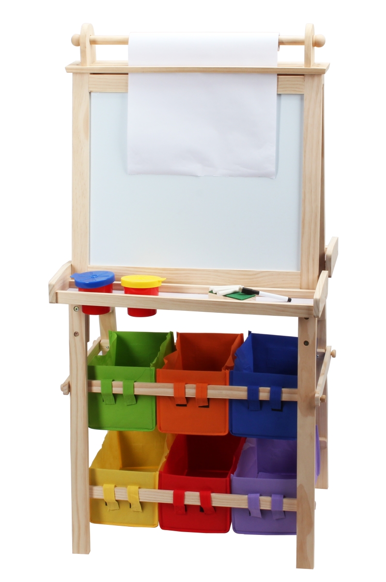 961700 4 In 1 Luxurious Wooden Easel Buckets Storage & Roll Of Paper, White & Black Board