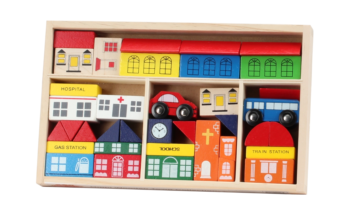 964587 Blocks Town Collection With Frame Display Church School Car - 38 Piece
