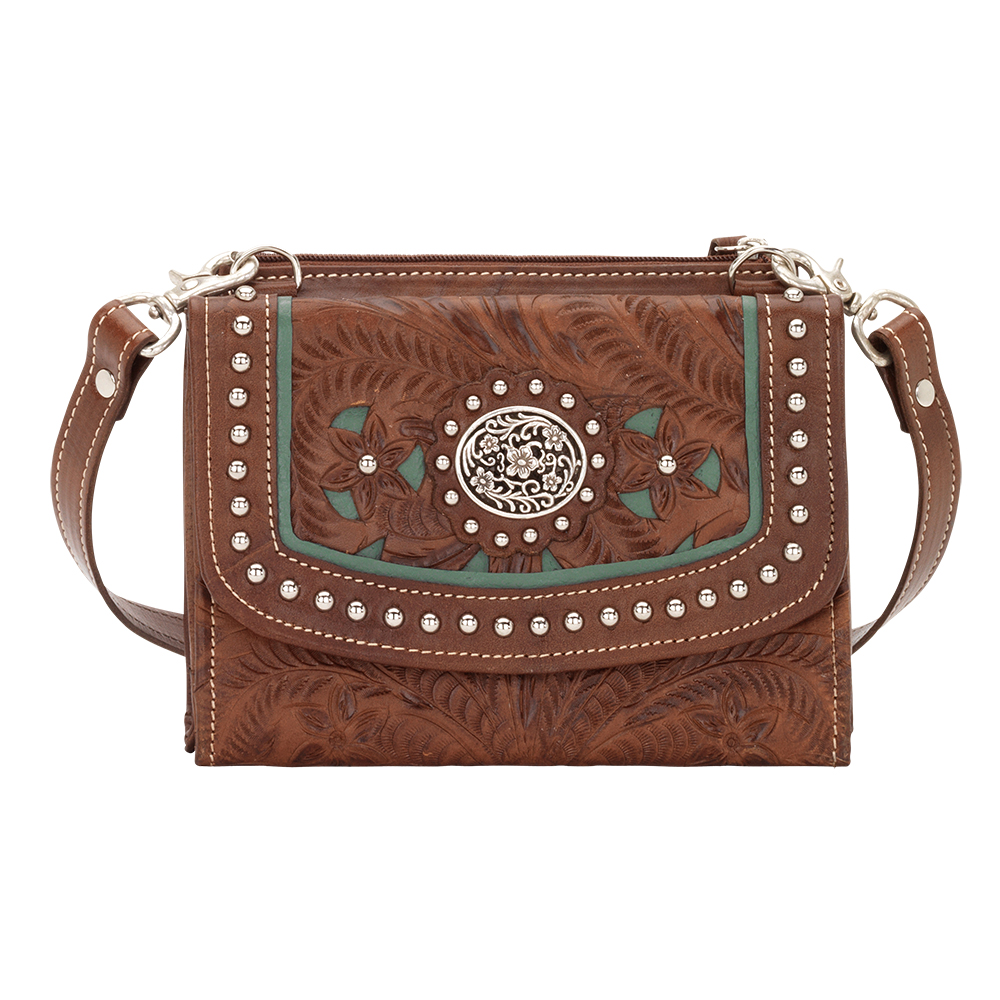 Lcbt982 Lady Lace Small Crossbody Bag & Wallet, Antique Brown & Turquoise