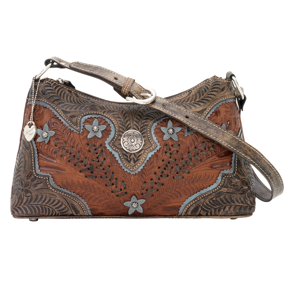 5683285 Desert Wildflower Zip-top Shoulder Bag, Antique Brown, Distressed Charcoal Brown & Sky Blue