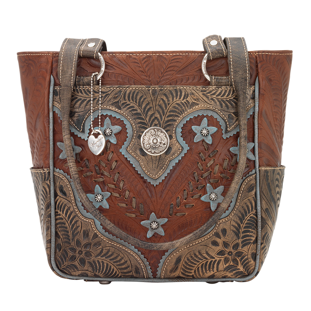 5683324 Desert Wildflower Zip Top Tote With 3 Outside Pockets, Antique Brown, Distressed Charcoal Brown & Sky Blue