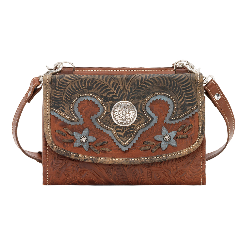 5683982 Desert Wildflower Small Crossbody Bag & Wallet, Antique Brown, Distressed Charcoal Brown & Sky Blue