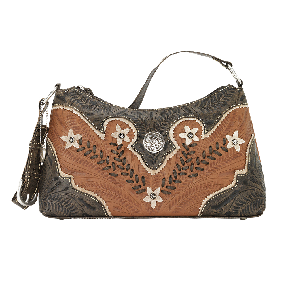 5615285 Desert Wildflower Zip-top Shoulder Bag, Golden Tan, Distressed Charcoal & Cream