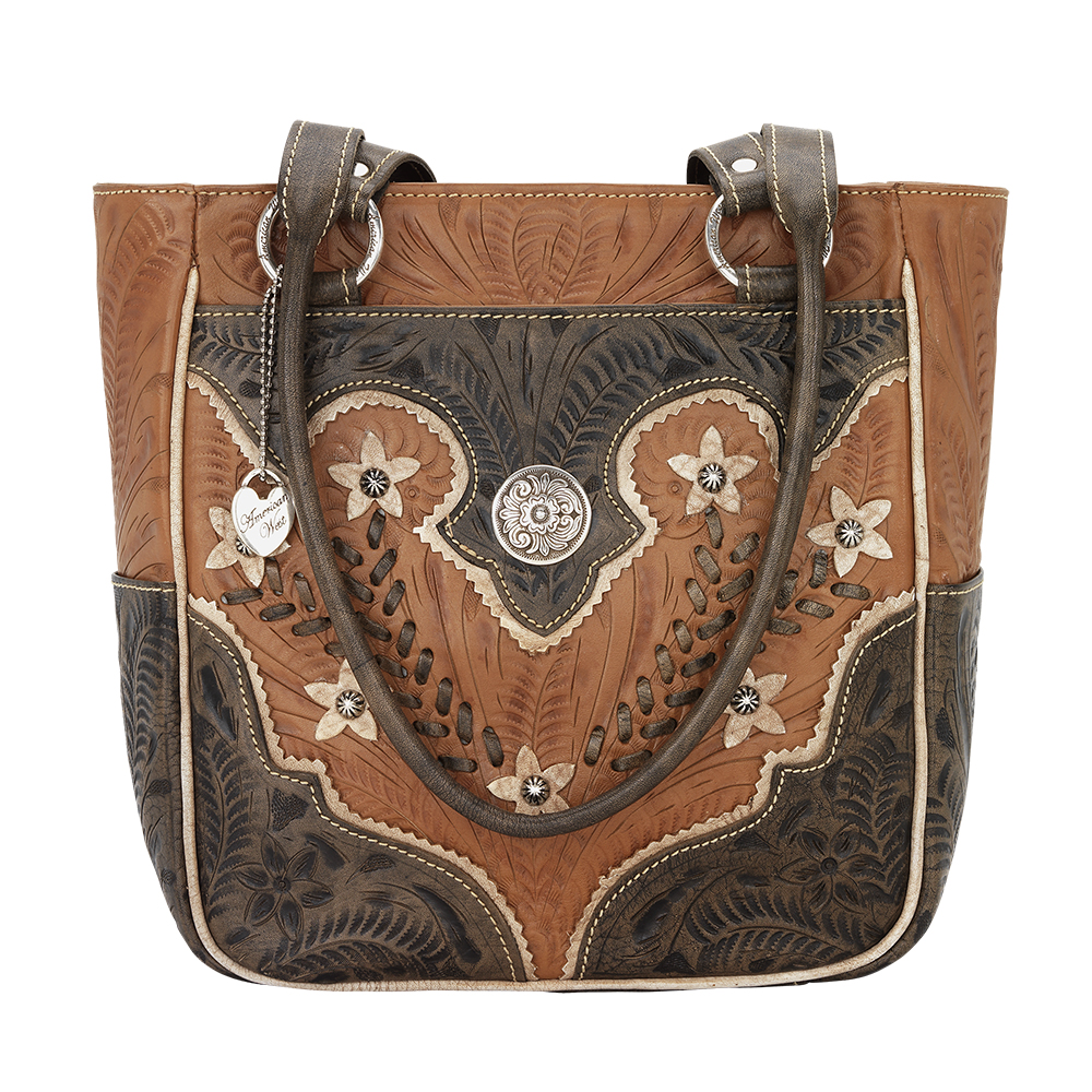 5615324 Desert Wildflower Zip Top Tote With 3 Outside Pockets, Golden Tan, Distressed Charcoal & Cream